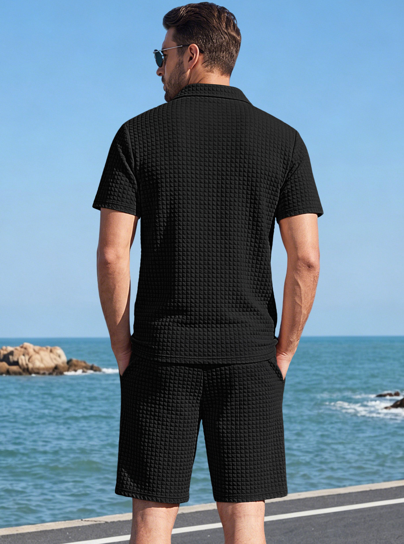 Men's Clothing Sets Two-Piece Outfits Men's Summer American Checkered Polo Shirt Solid Color Short Sleeved Shorts Two Piece Casual Sports Set