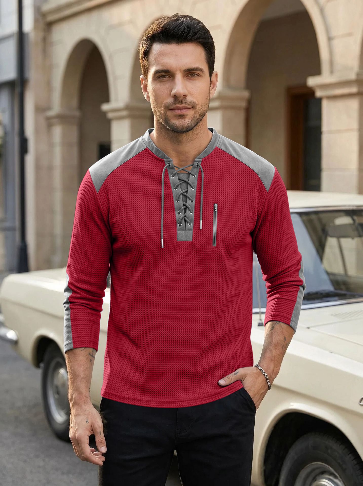 Men's Clothing Tops Sweatshirts Men's Drawstring Top Waffle Color Blocked Long Sleeved Shirt Plus Size Casual Sports American Long Sleeved Shirt