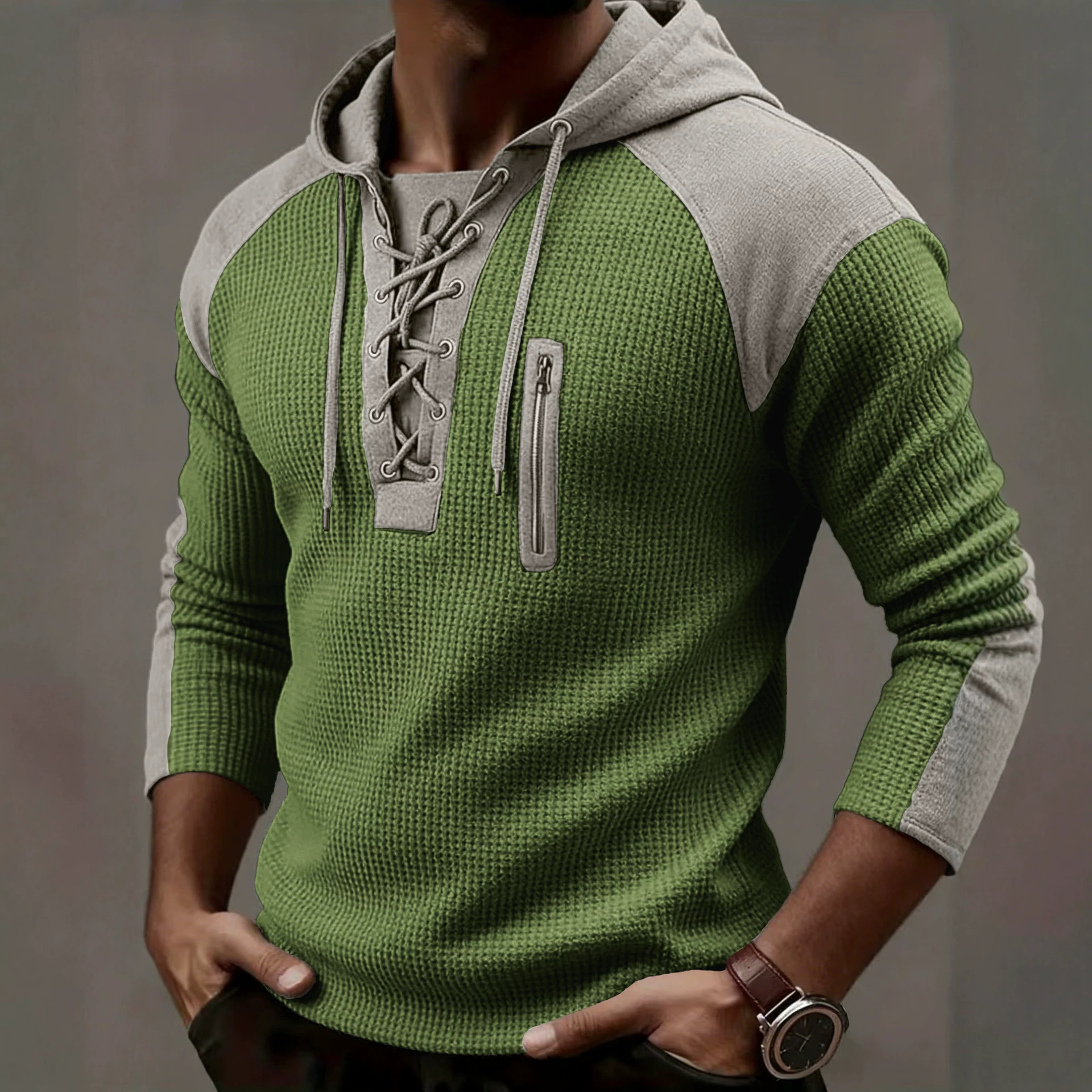 Men's Clothing Tops Sweatshirts Hoodies Men's Waffle Colorblocked Hooded Sweatshirt European American Style Lacing Oversized Long Sleeve Casual Pullover Hoodie