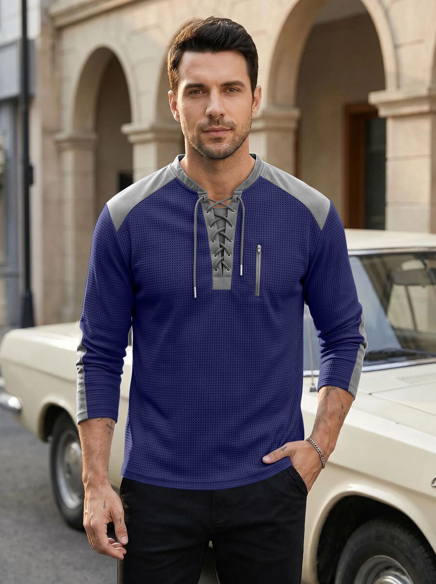 Men's Clothing Tops Sweatshirts Men's Drawstring Top Waffle Color Blocked Long Sleeved Shirt Plus Size Casual Sports American Long Sleeved Shirt