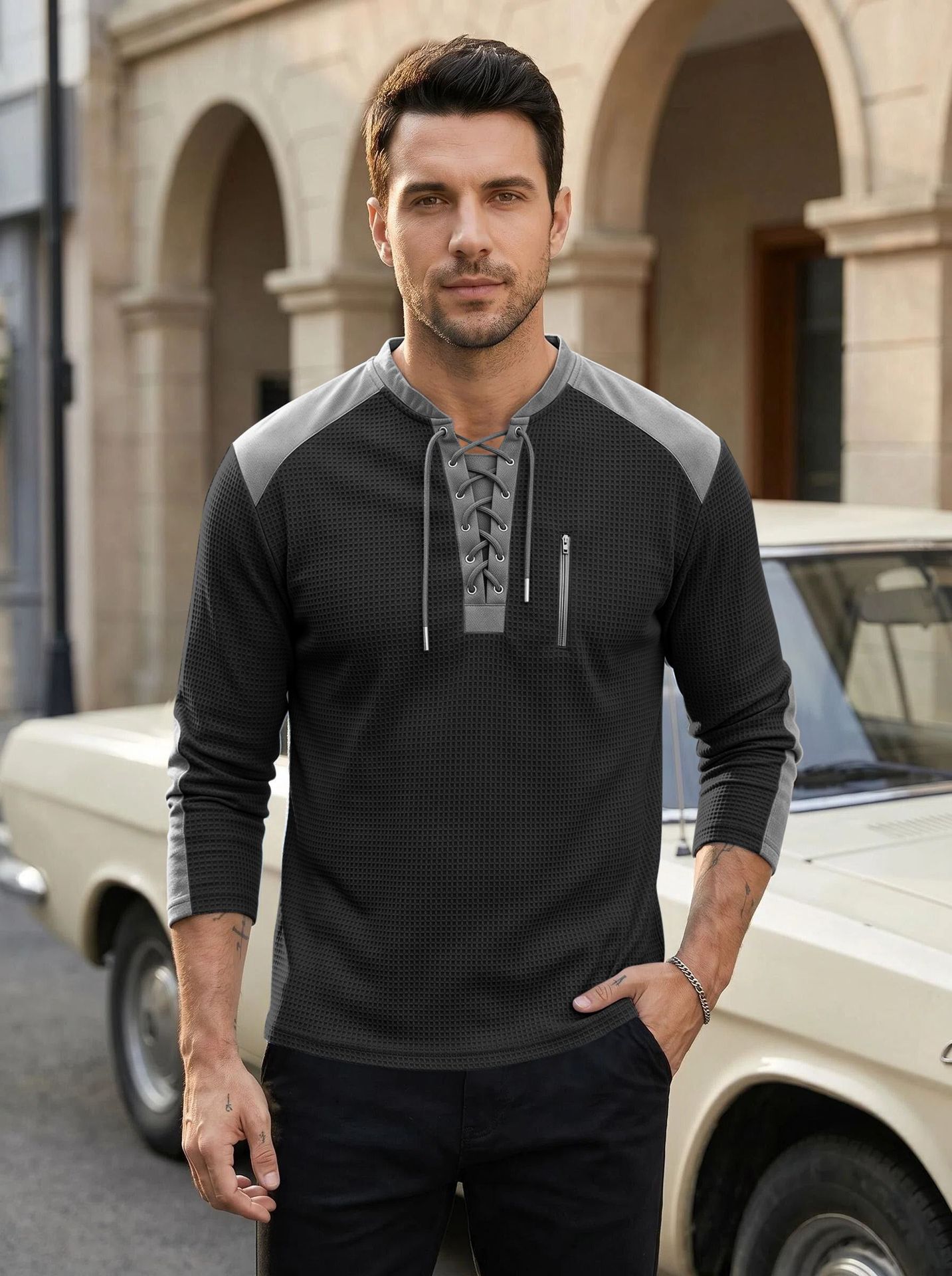 Men's Clothing Tops Sweatshirts Men's Drawstring Top Waffle Color Blocked Long Sleeved Shirt Plus Size Casual Sports American Long Sleeved Shirt