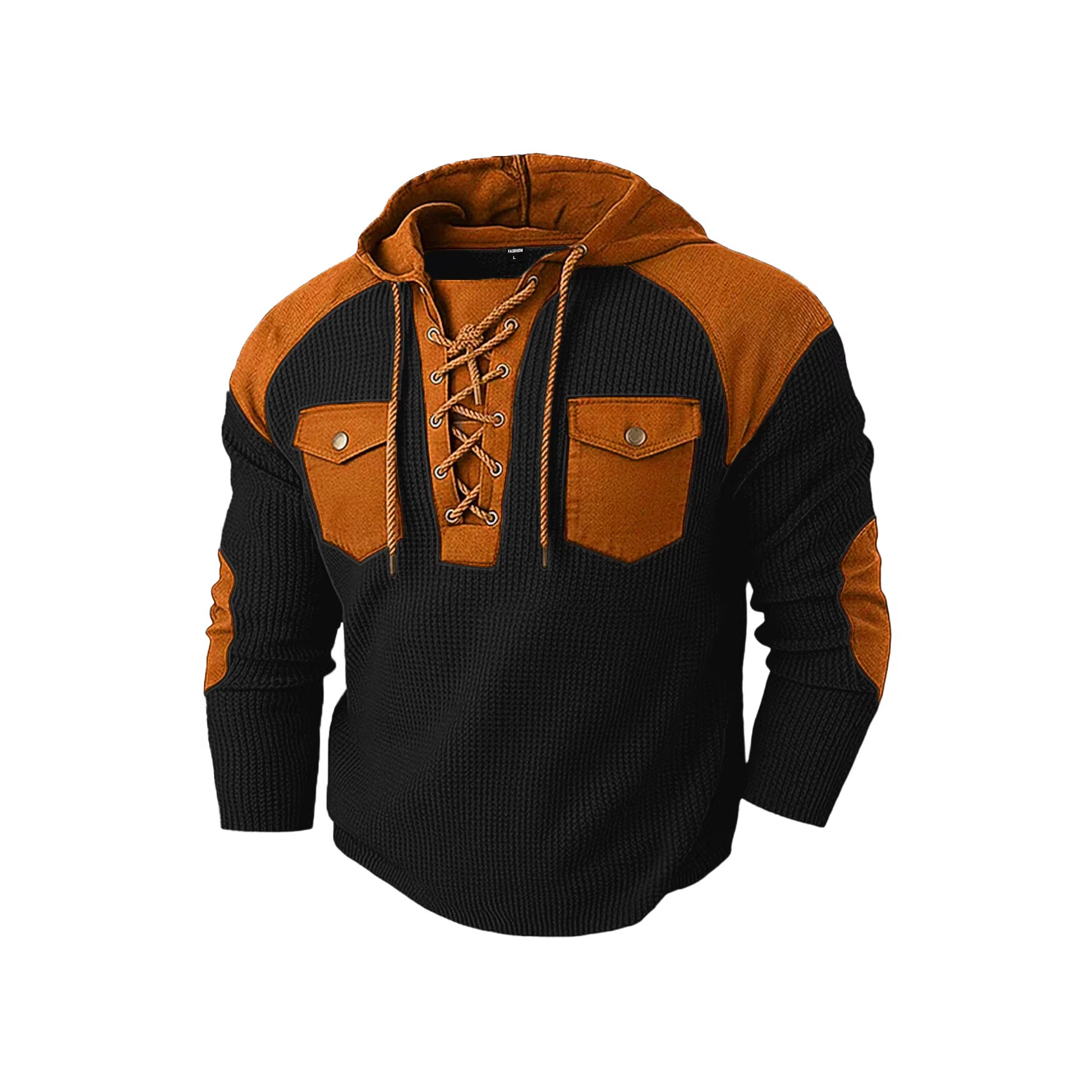 Men's Clothing Tops Sweatshirts Hoodies Men's Waffle Color Block Hoodie with Tie Straps Twin Pockets Long Sleeve Pullover Oversized American Sweatshirt
