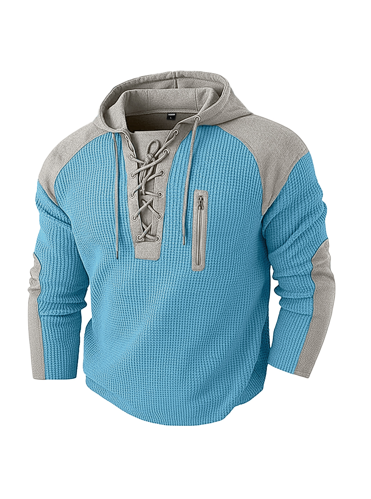 Men's Clothing Tops Sweatshirts Hoodies Men's Waffle Colorblocked Hooded Sweatshirt European American Style Lacing Oversized Long Sleeve Casual Pullover Hoodie