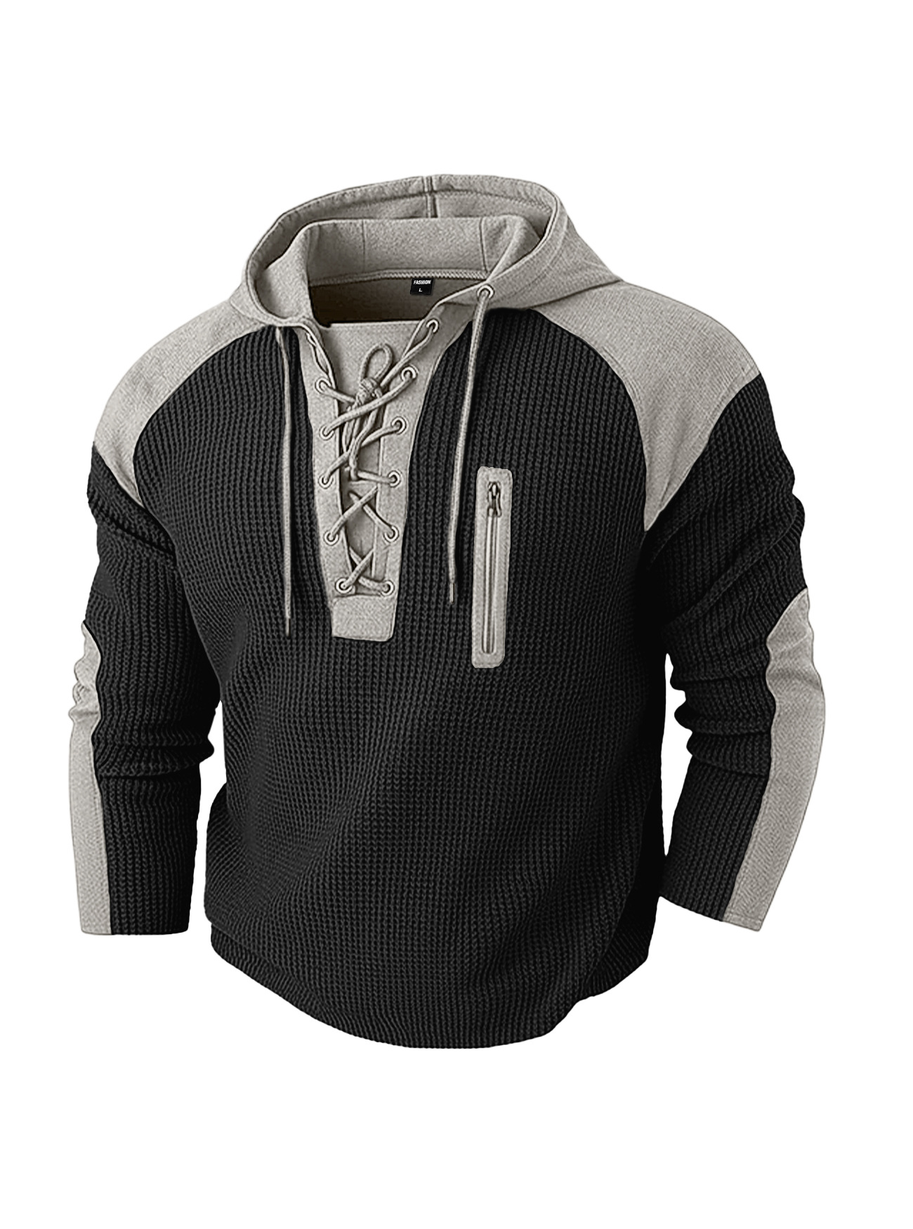 Men's Clothing Tops Sweatshirts Hoodies Men's Waffle Colorblocked Hooded Sweatshirt European American Style Lacing Oversized Long Sleeve Casual Pullover Hoodie