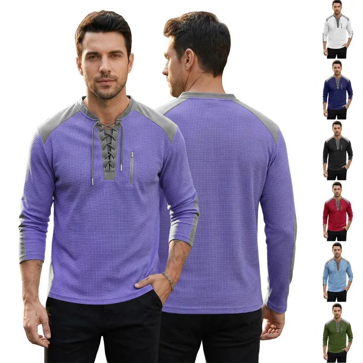 Men's Clothing Tops Sweatshirts Men's Drawstring Top Waffle Color Blocked Long Sleeved Shirt Plus Size Casual Sports American Long Sleeved Shirt