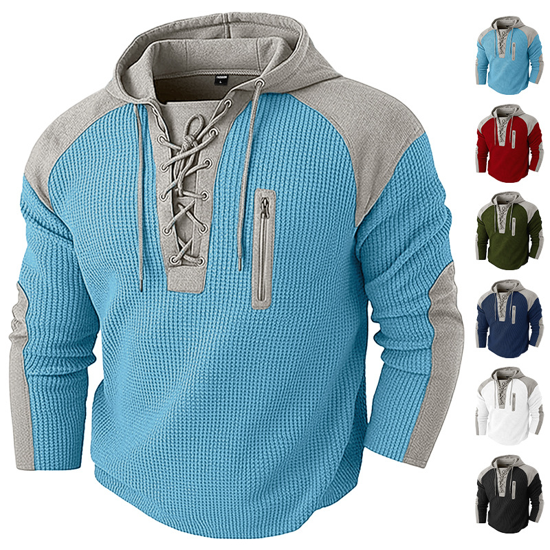 Men's Clothing Tops Sweatshirts Hoodies Men's Waffle Colorblocked Hooded Sweatshirt European American Style Lacing Oversized Long Sleeve Casual Pullover Hoodie