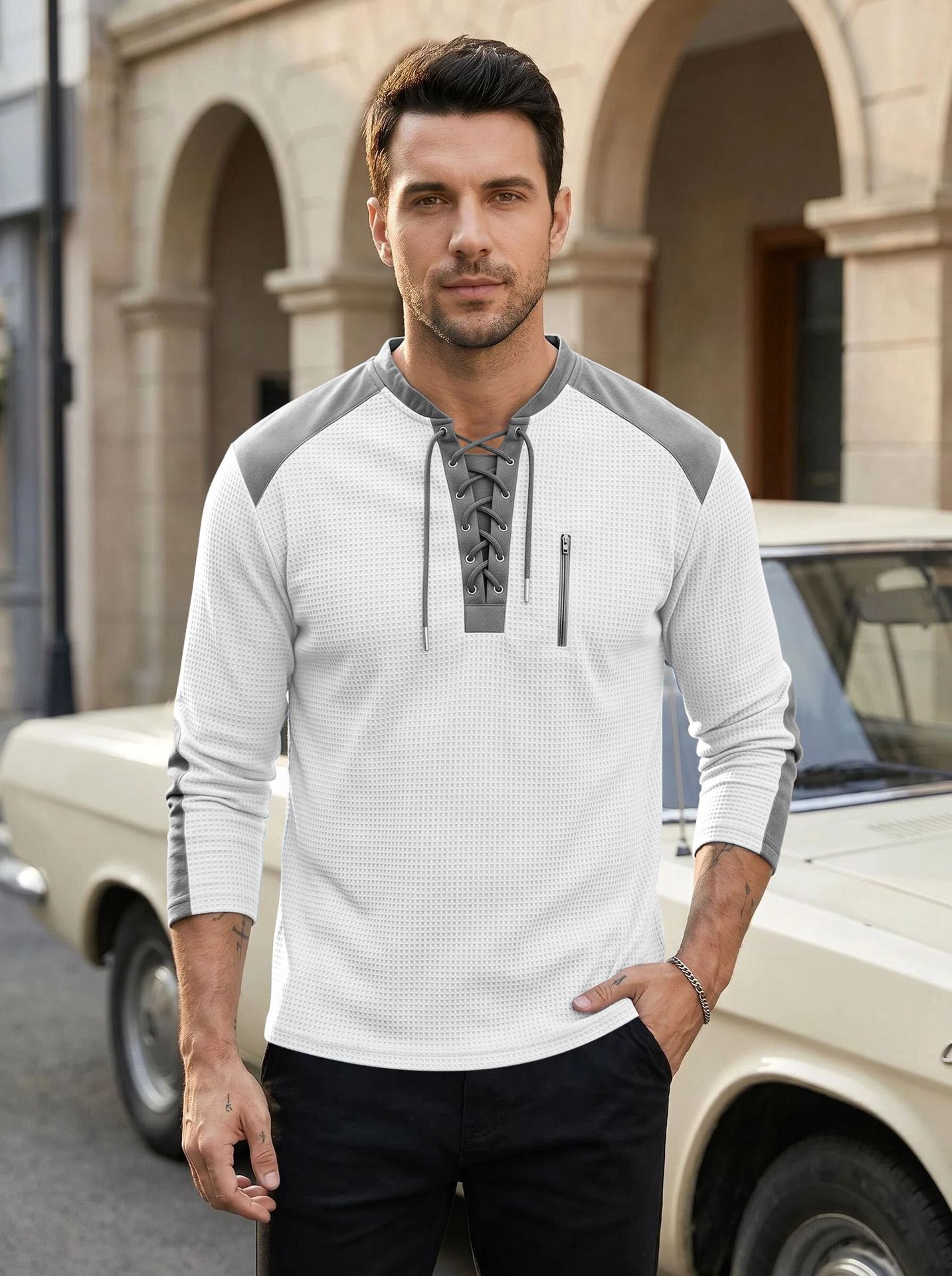 Men's Clothing Tops Sweatshirts Men's Drawstring Top Waffle Color Blocked Long Sleeved Shirt Plus Size Casual Sports American Long Sleeved Shirt