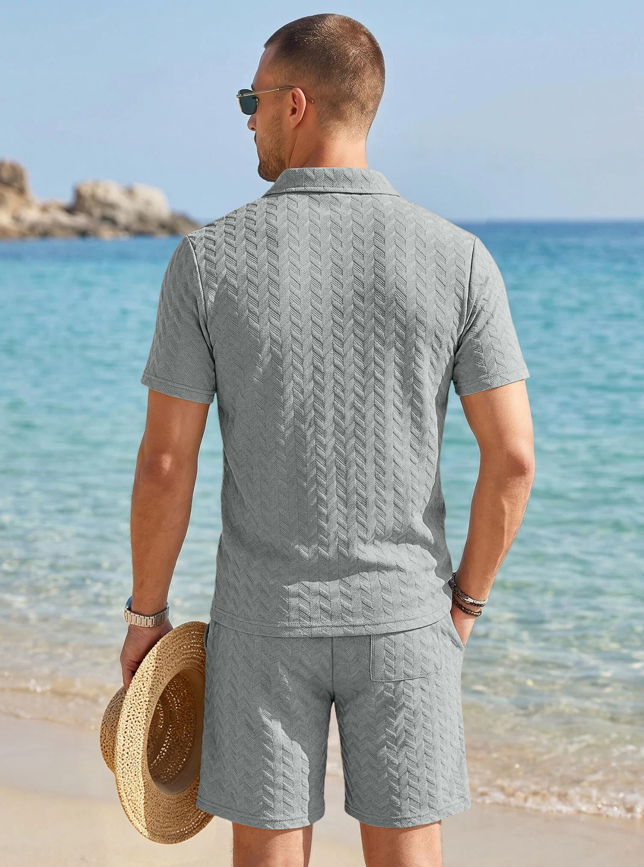 Men's Clothing Sets Two-Piece Outfit Summer Texture Jacquard Flip Collar Polo Shirt Set European American Men's Casual Short Sleeve Shorts Two-Piece Set