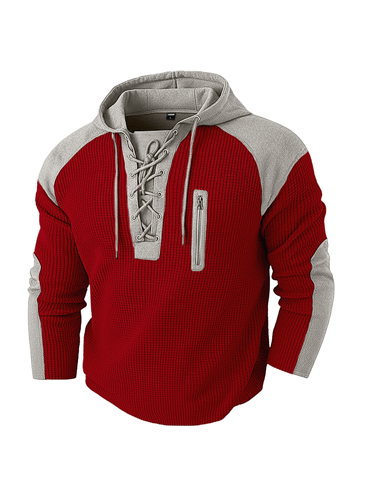 Men's Clothing Tops Sweatshirts Hoodies Men's Waffle Colorblocked Hooded Sweatshirt European American Style Lacing Oversized Long Sleeve Casual Pullover Hoodie