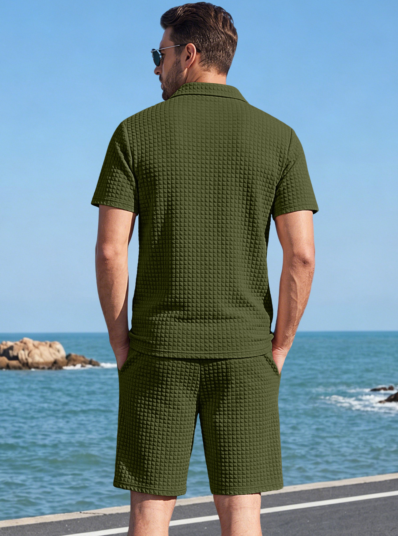 Men's Clothing Sets Two-Piece Outfits Men's Summer American Checkered Polo Shirt Solid Color Short Sleeved Shorts Two Piece Casual Sports Set