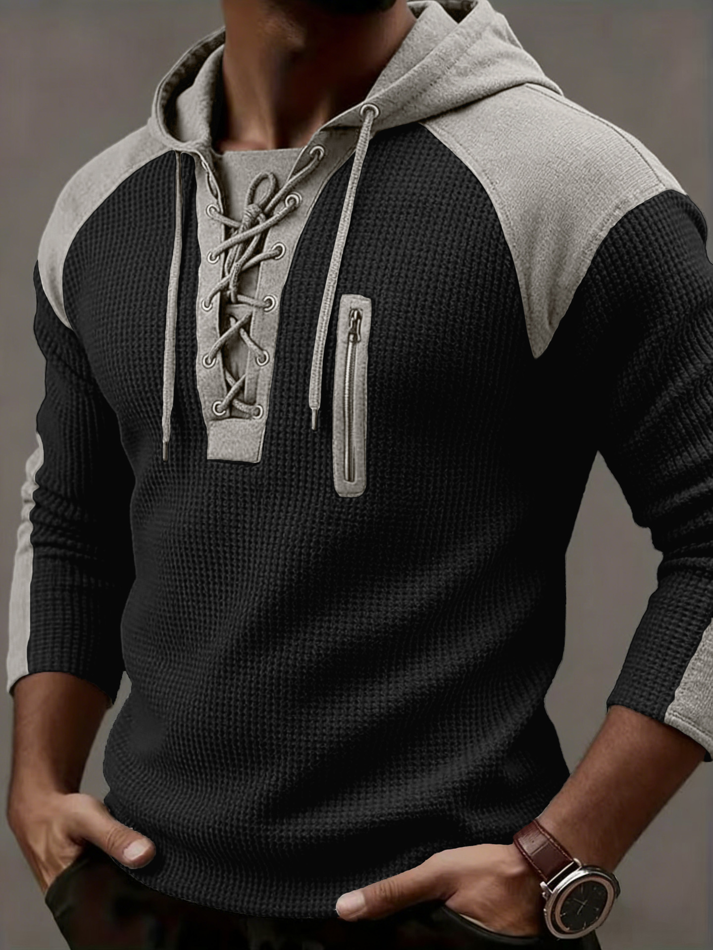 Men's Clothing Tops Sweatshirts Hoodies Men's Waffle Colorblocked Hooded Sweatshirt European American Style Lacing Oversized Long Sleeve Casual Pullover Hoodie