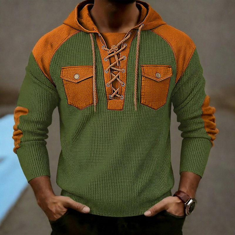 Men's Clothing Tops Sweatshirts Hoodies Men's Waffle Color Block Hoodie with Tie Straps Twin Pockets Long Sleeve Pullover Oversized American Sweatshirt