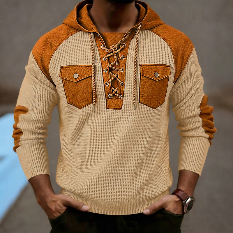 Men's Clothing Tops Sweatshirts Hoodies Men's Waffle Color Block Hoodie with Tie Straps Twin Pockets Long Sleeve Pullover Oversized American Sweatshirt