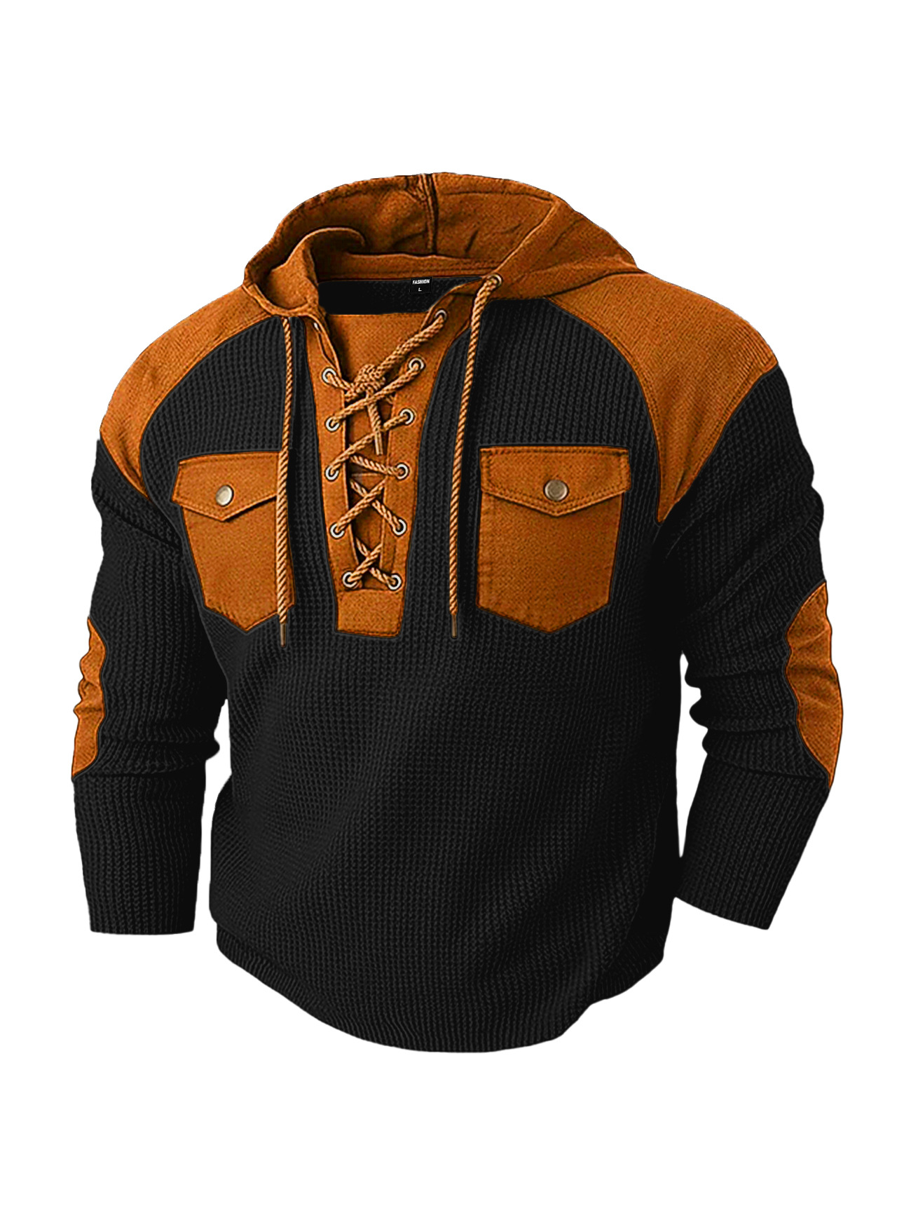Men's Clothing Tops Sweatshirts Hoodies Men's Waffle Color Block Hoodie with Tie Straps Twin Pockets Long Sleeve Pullover Oversized American Sweatshirt