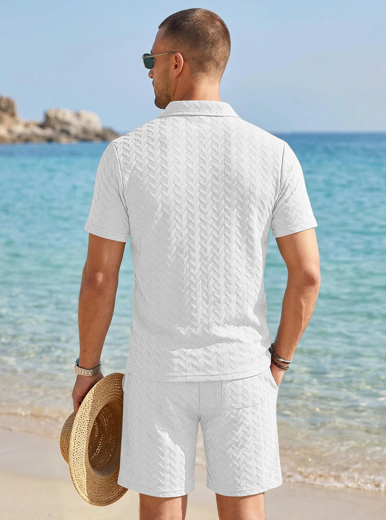 Men's Clothing Sets Two-Piece Outfit Summer Texture Jacquard Flip Collar Polo Shirt Set European American Men's Casual Short Sleeve Shorts Two-Piece Set