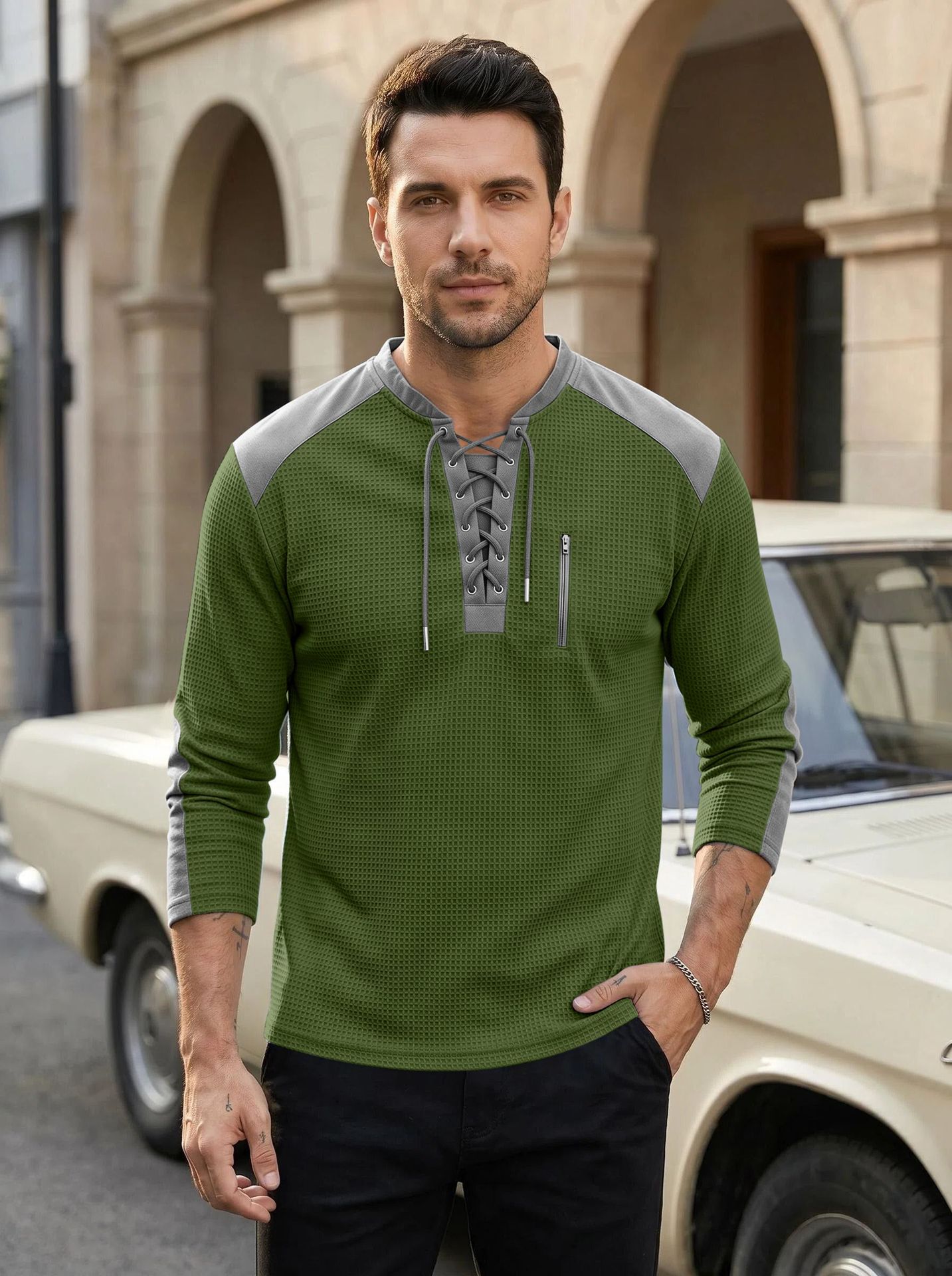 Men's Clothing Tops Sweatshirts Men's Drawstring Top Waffle Color Blocked Long Sleeved Shirt Plus Size Casual Sports American Long Sleeved Shirt