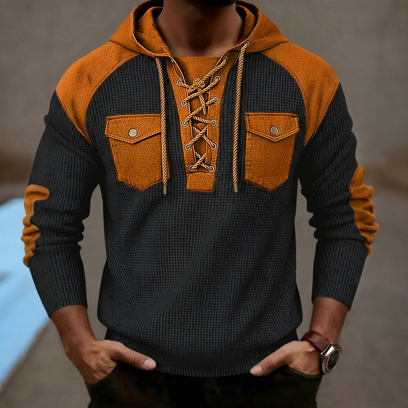 Men's Clothing Tops Sweatshirts Hoodies Men's Waffle Color Block Hoodie with Tie Straps Twin Pockets Long Sleeve Pullover Oversized American Sweatshirt