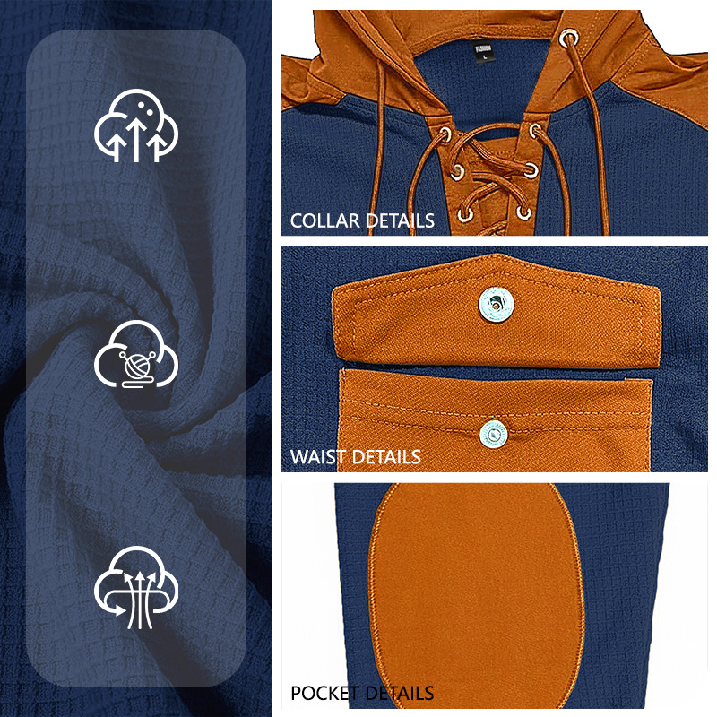 Men's Clothing Tops Sweatshirts Hoodies Men's Waffle Color Block Hoodie with Tie Straps Twin Pockets Long Sleeve Pullover Oversized American Sweatshirt