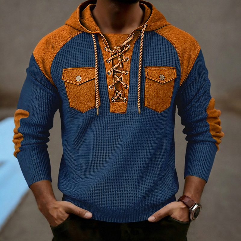 Men's Clothing Tops Sweatshirts Hoodies Men's Waffle Color Block Hoodie with Tie Straps Twin Pockets Long Sleeve Pullover Oversized American Sweatshirt