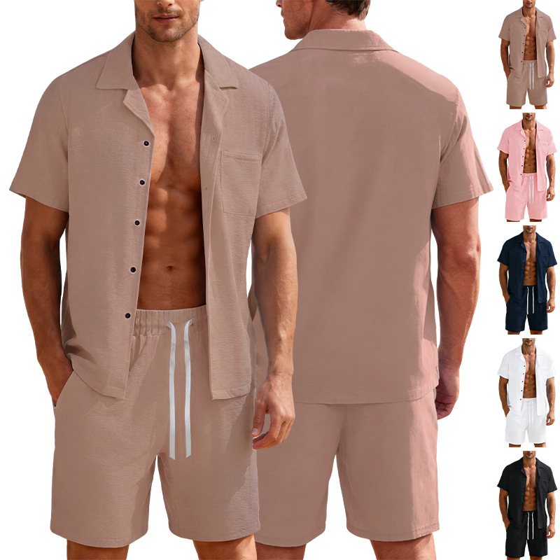Men's Clothing Sets Two-Piece Outfits Men's Breathable Turned-Up Collar Polo Shirt Casual Loose-Fit Short Sleeve Shorts Solid Color Sportswear Set
