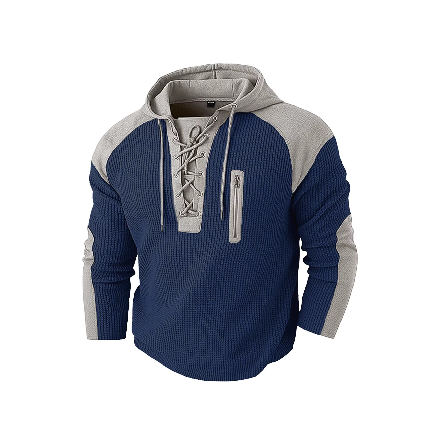 Men's Clothing Tops Sweatshirts Hoodies Men's Waffle Colorblocked Hooded Sweatshirt European American Style Lacing Oversized Long Sleeve Casual Pullover Hoodie