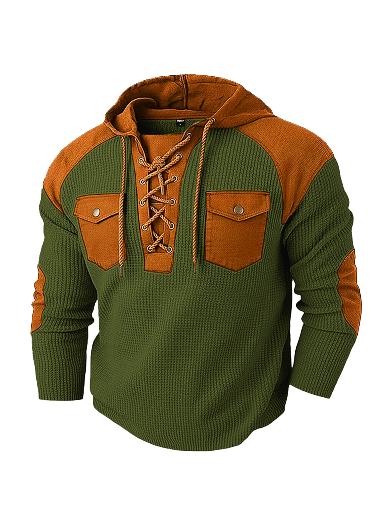 Men's Clothing Tops Sweatshirts Hoodies Men's Waffle Color Block Hoodie with Tie Straps Twin Pockets Long Sleeve Pullover Oversized American Sweatshirt