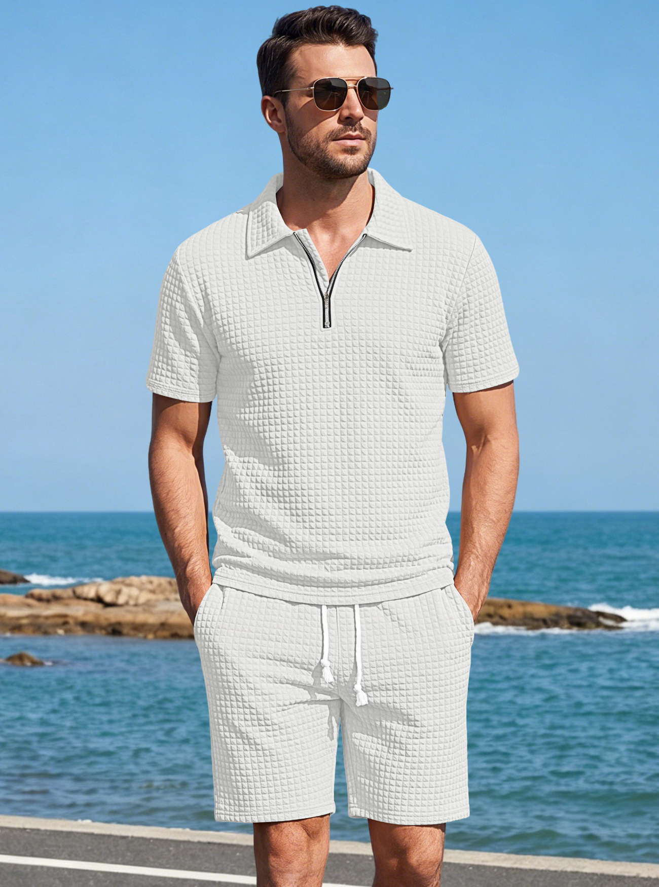 Men's Clothing Sets Two-Piece Outfits Men's Summer American Checkered Polo Shirt Solid Color Short Sleeved Shorts Two Piece Casual Sports Set
