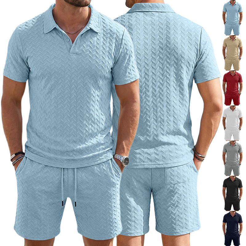 Men's Clothing Sets Two-Piece Outfit Summer Texture Jacquard Flip Collar Polo Shirt Set European American Men's Casual Short Sleeve Shorts Two-Piece Set