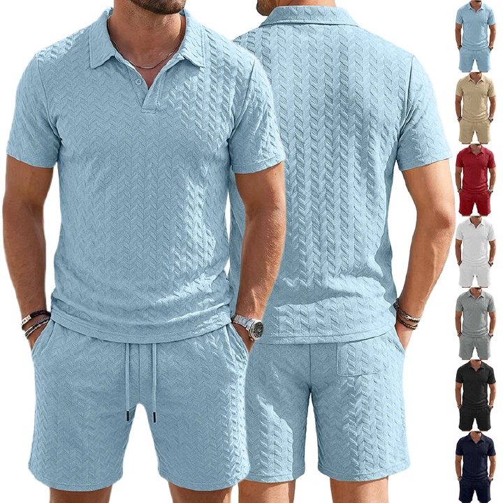 Men's Clothing Sets Two-Piece Outfit Summer Texture Jacquard Flip Collar Polo Shirt Set European American Men's Casual Short Sleeve Shorts Two-Piece Set