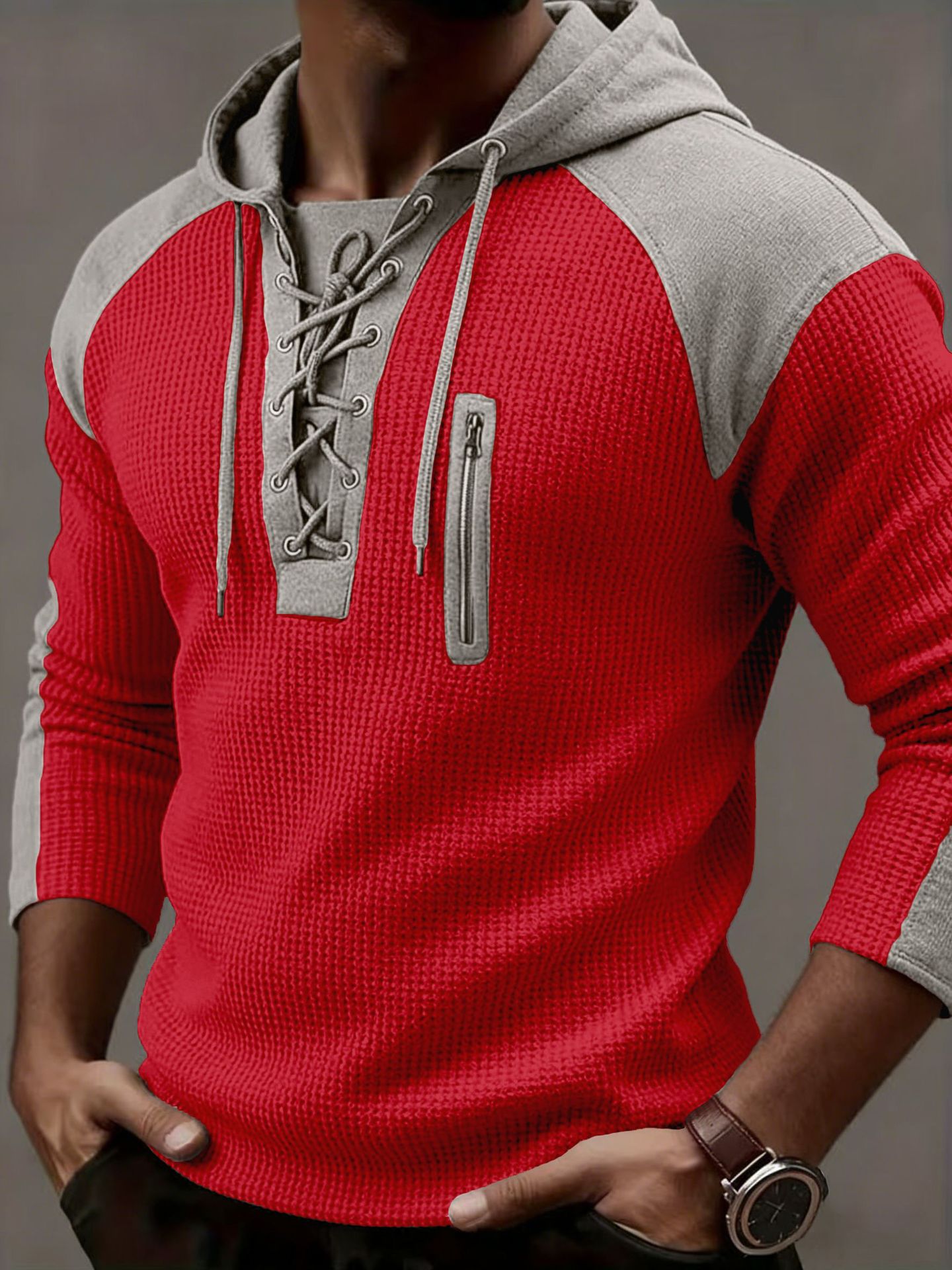 Men's Clothing Tops Sweatshirts Hoodies Men's Waffle Colorblocked Hooded Sweatshirt European American Style Lacing Oversized Long Sleeve Casual Pullover Hoodie