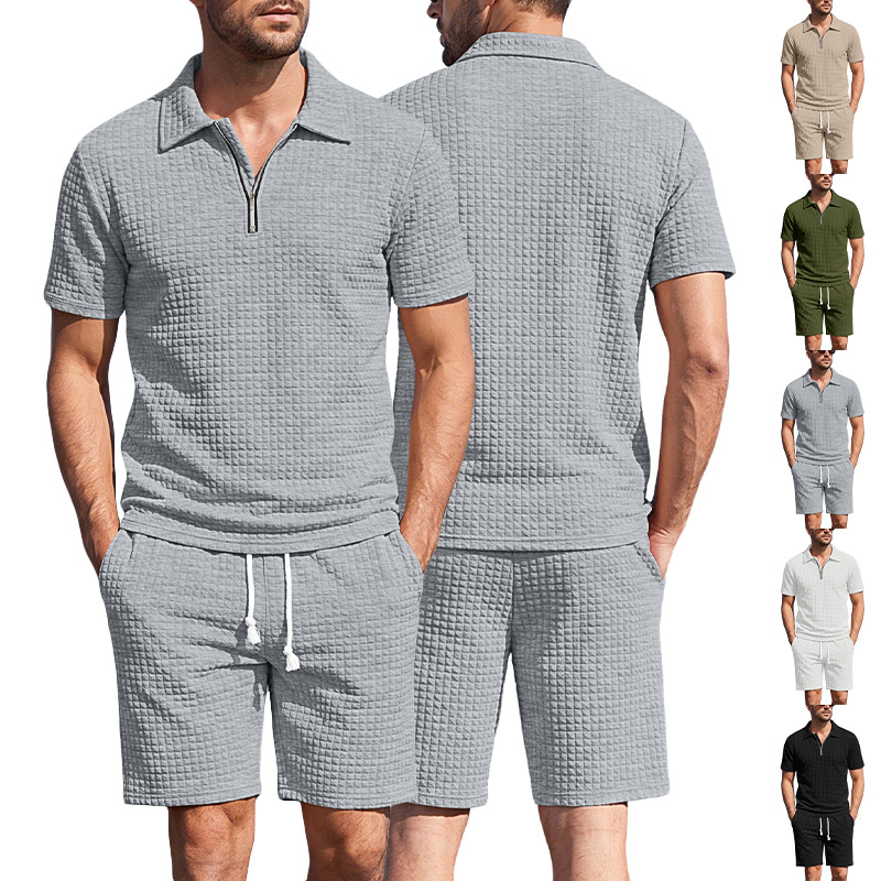 Men's Clothing Sets Two-Piece Outfits Men's Summer American Checkered Polo Shirt Solid Color Short Sleeved Shorts Two Piece Casual Sports Set