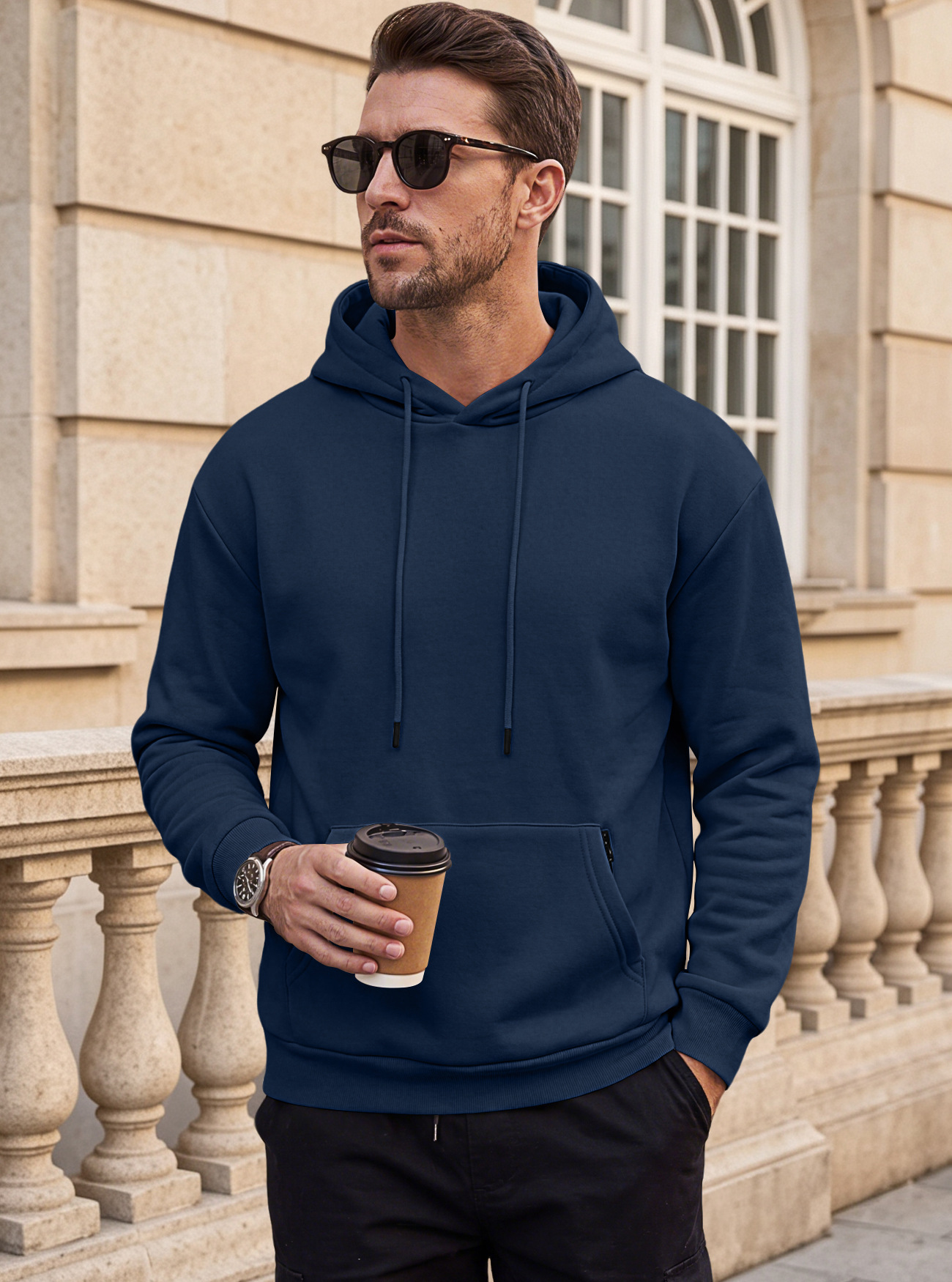 Men's Clothing Tops Sweatshirts Hoodies Men's Heavyweight Solid Color Drawstring Hooded Sweatshirt with Side Anti-Theft Zippered Kangaroo Pockets for Sports Outdoor Wear
