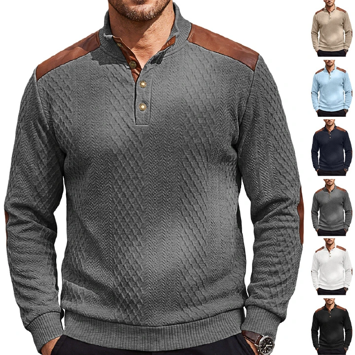 Men's Clothing Tops Sweatshirts Men's American Style Texture Jacquard Lapel Knitwear with Shoulder Sleeve Patches Loose Long Sleeve Pullover Hoodie