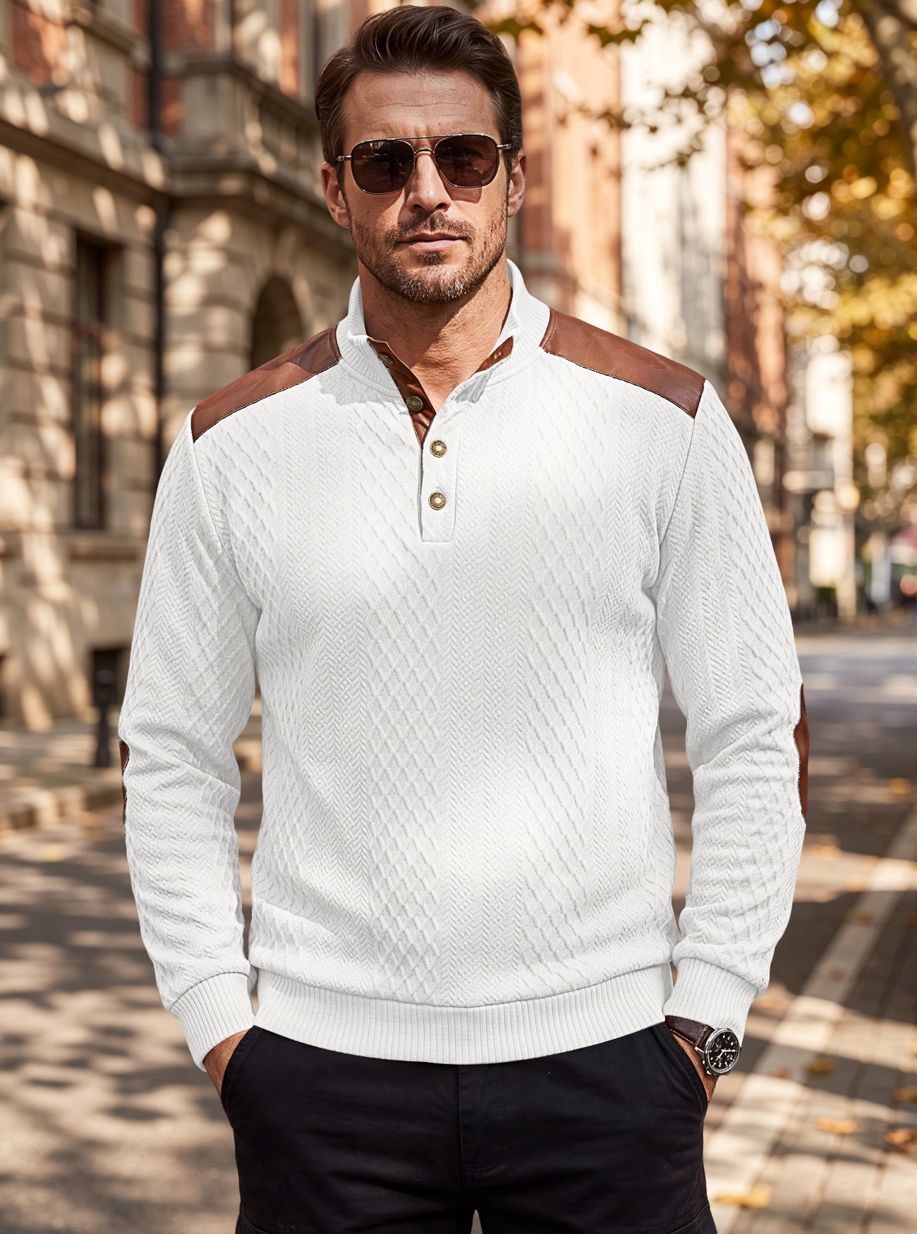 Men's Clothing Tops Sweatshirts Men's American Style Texture Jacquard Lapel Knitwear with Shoulder Sleeve Patches Loose Long Sleeve Pullover Hoodie