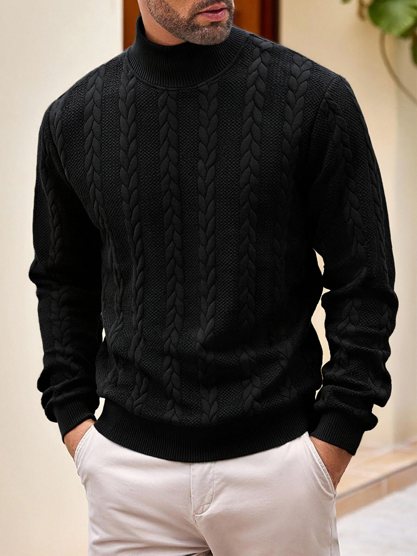 Men's Clothing Tops Sweaters Cardigans Jacquard Knit Sweater New Fall Winter Solid Color High-Neck Warm Casual Men's Long Sleeve Pullover