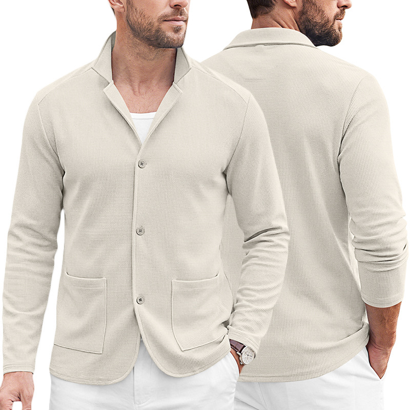 Men's Clothing Tops Jackets Coats Men's Waffle Pattern Single-Breasted Double Pocket Business Casual Long Sleeve Coat