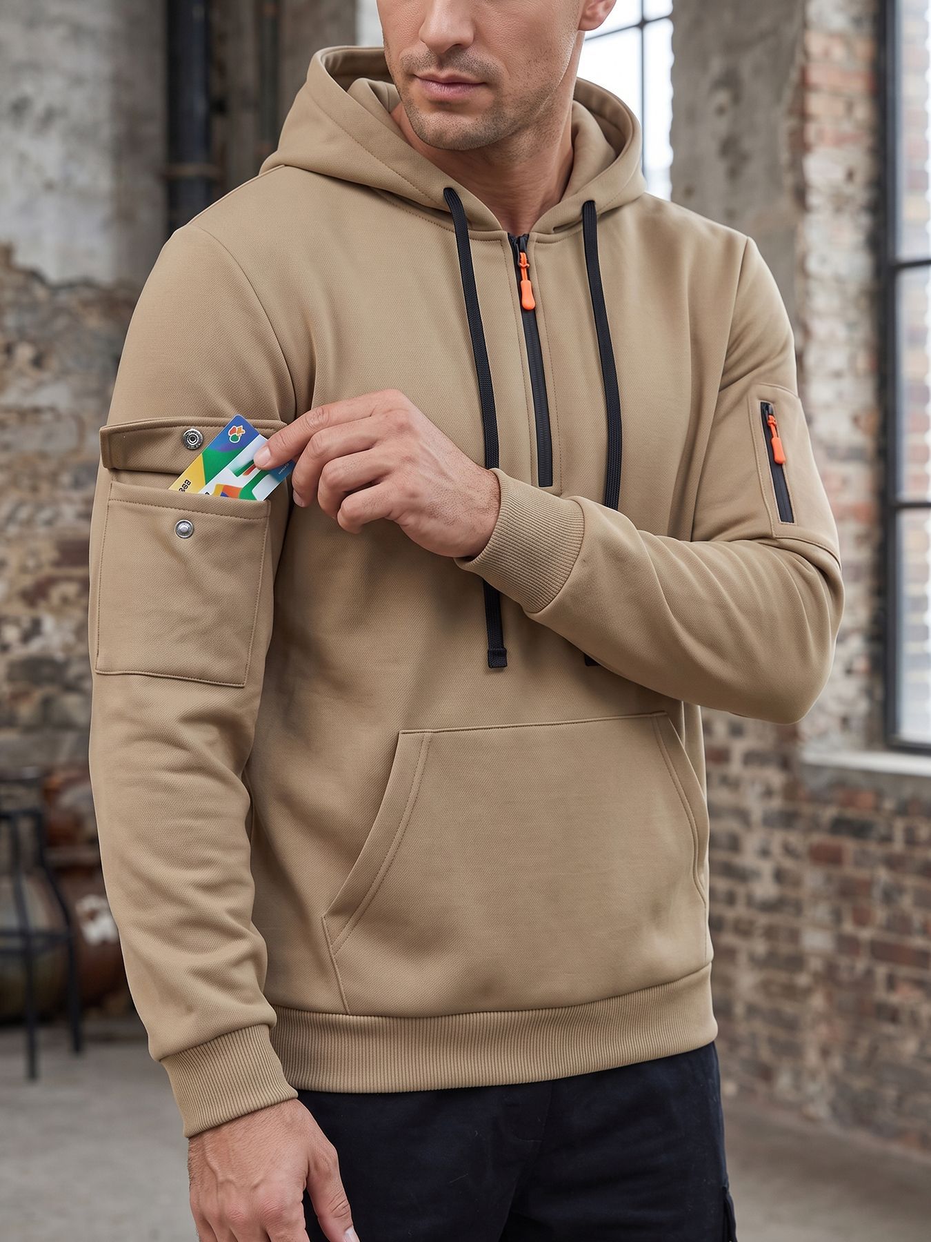 Men's Clothing Tops Sweatshirts Hoodies  Men's Autumn Winter Solid Color Drawstring Hooded Long Sleeve Sweatshirt with Side Zip Thickened Casual Sports Pullover
