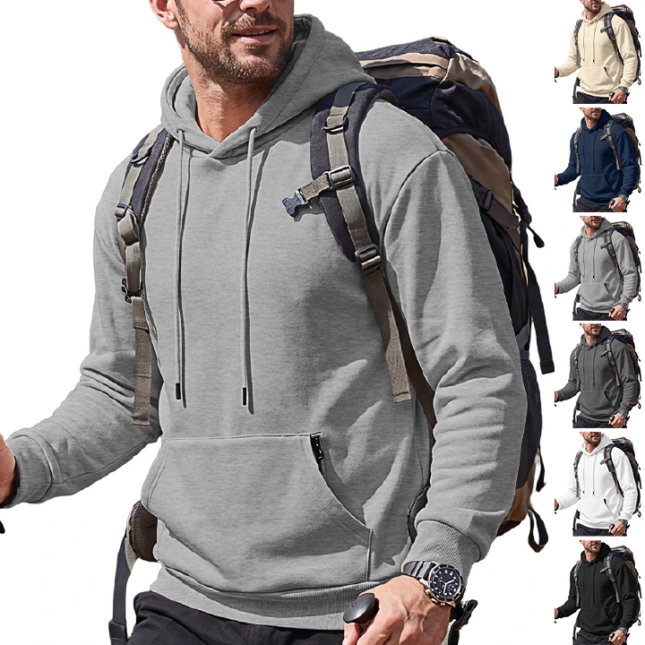 Men's Clothing Tops Sweatshirts Hoodies Men's Heavyweight Solid Color Drawstring Hooded Sweatshirt with Side Anti-Theft Zippered Kangaroo Pockets for Sports Outdoor Wear