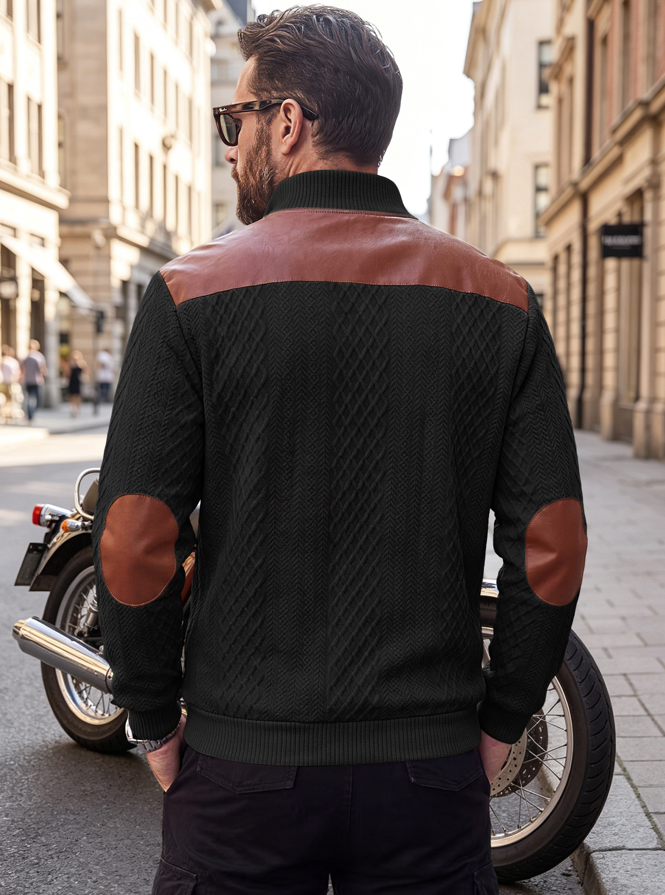 Men's Clothing Tops Sweatshirts Men's American Style Texture Jacquard Lapel Knitwear with Shoulder Sleeve Patches Loose Long Sleeve Pullover Hoodie