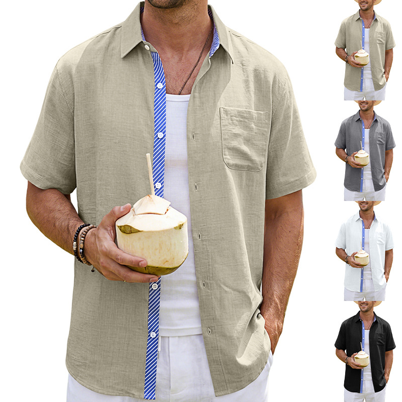 Men's Clothing Tops T-Shirts Summer New Men's Linen Short Sleeve Shirts with Pocket Casual T-Shirts