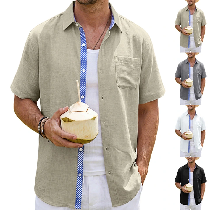 Men's Clothing Tops T-Shirts Summer New Men's Linen Short Sleeve Shirts with Pocket Casual T-Shirts