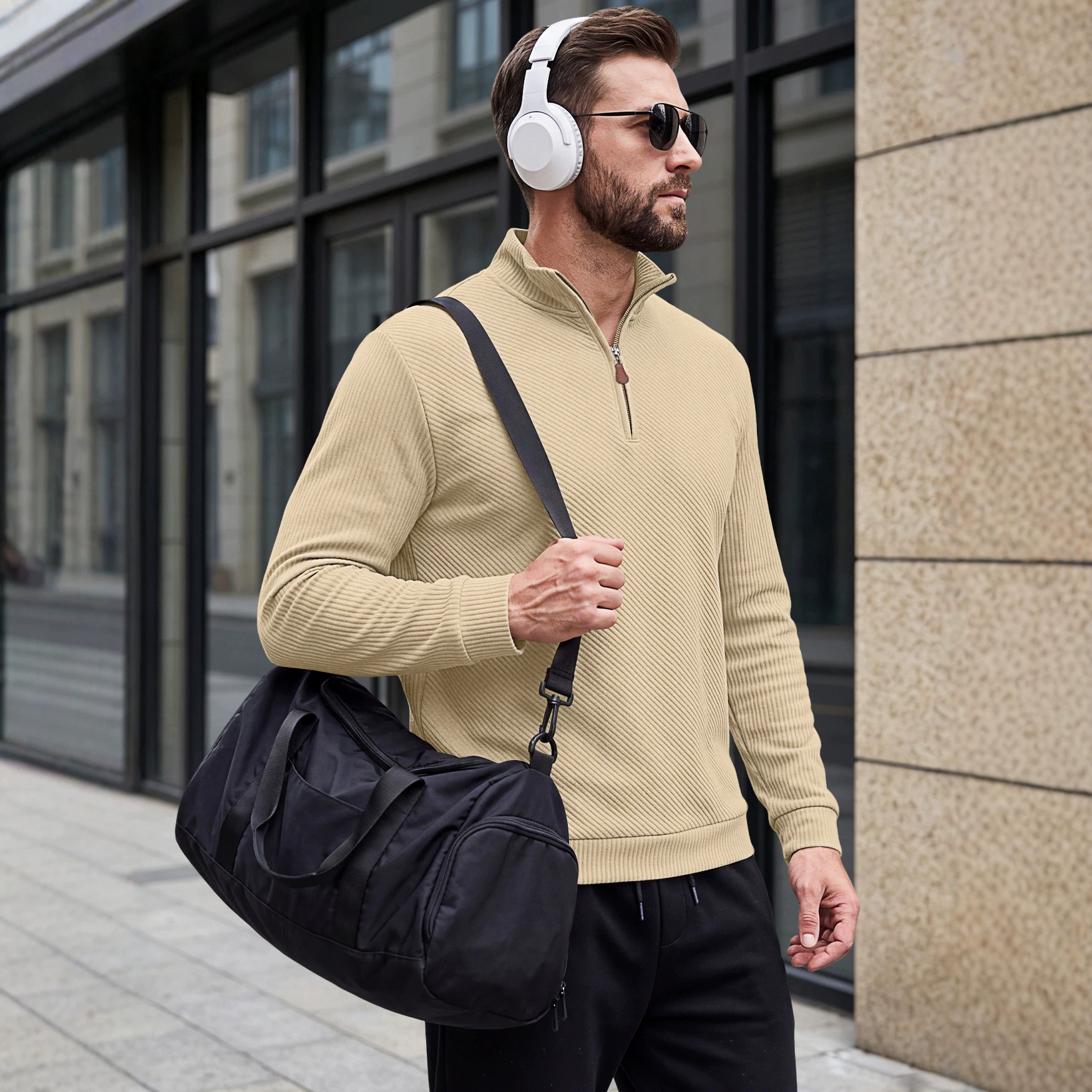 Men's Clothing Tops Sweatshirts Men's American Flannel Texture Half-Zip Stand-Up Collar Long Sleeve Oversized Casual Pullover Shirts