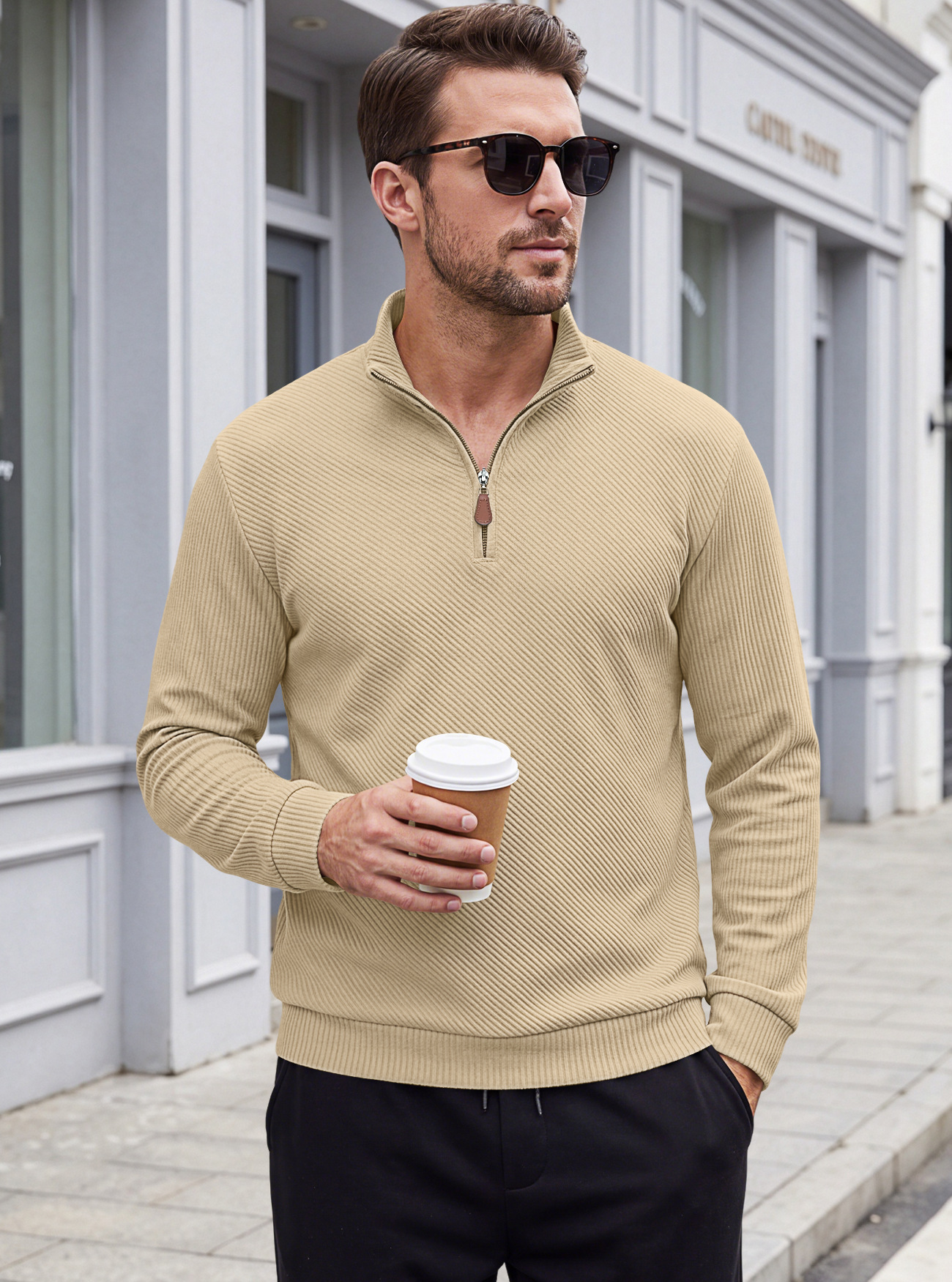 Men's Clothing Tops Sweatshirts Men's American Flannel Texture Half-Zip Stand-Up Collar Long Sleeve Oversized Casual Pullover Shirts