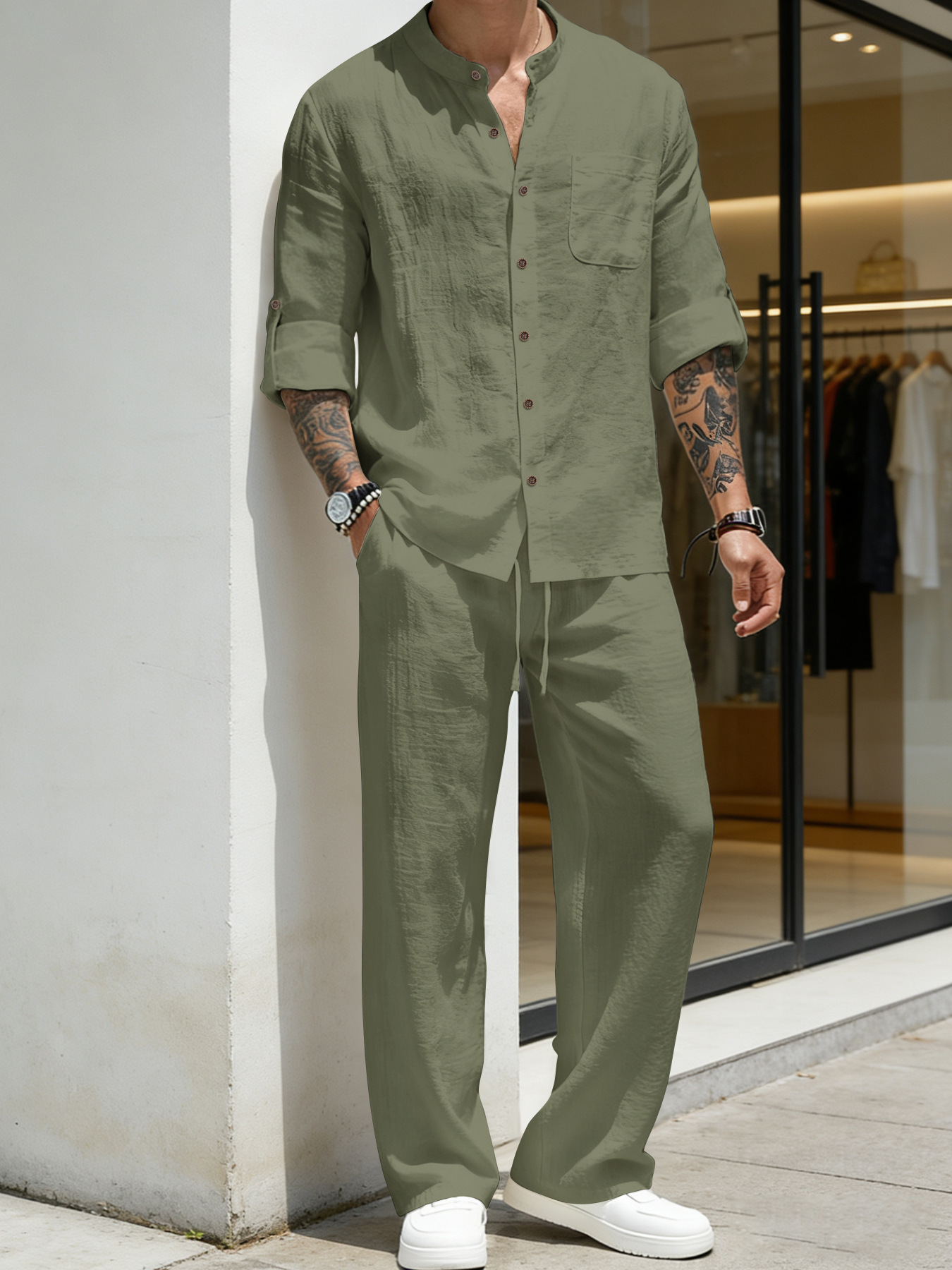 Men's Clothing Two-Piece Outfits Men's Solid Color Linen Long Sleeve Shirt Pants Two-Piece Set Loose Casual Breathable Summer Clothing Sets