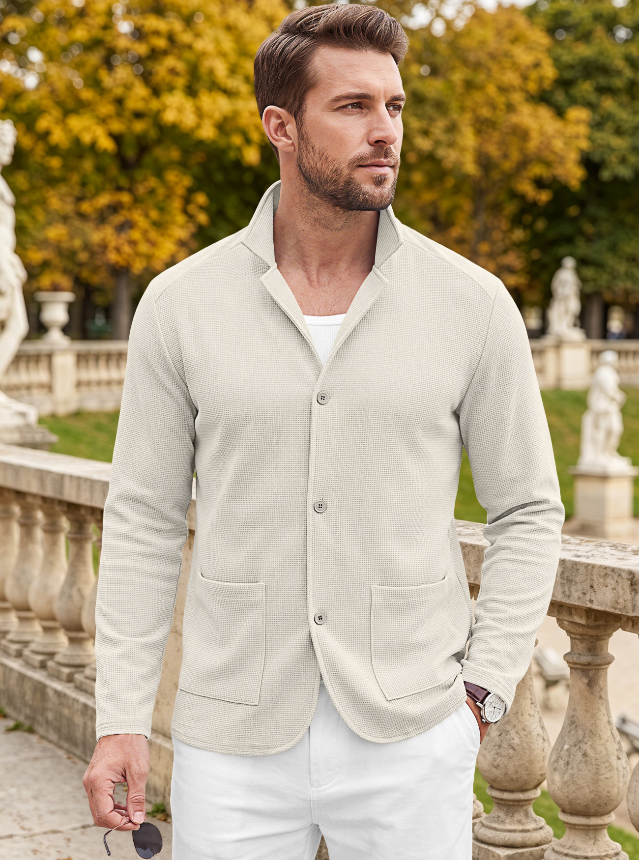 Men's Clothing Tops Jackets Coats Men's Waffle Pattern Single-Breasted Double Pocket Business Casual Long Sleeve Coat