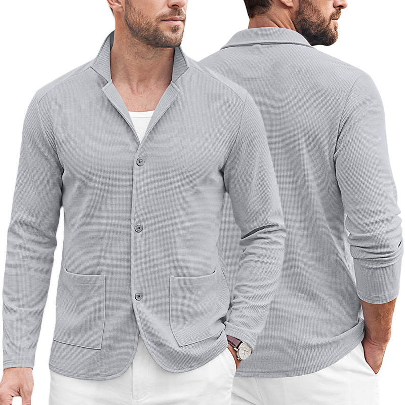 Men's Clothing Tops Jackets Coats Men's Waffle Pattern Single-Breasted Double Pocket Business Casual Long Sleeve Coat