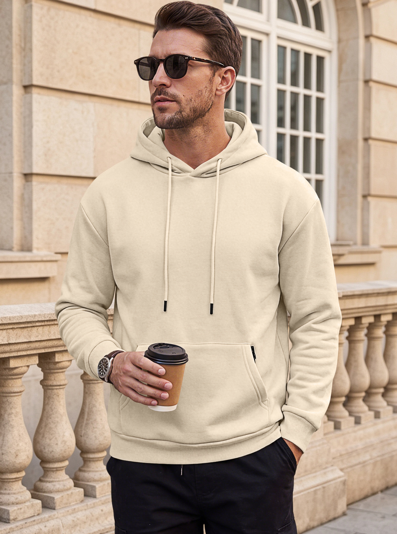 Men's Clothing Tops Sweatshirts Hoodies Men's Heavyweight Solid Color Drawstring Hooded Sweatshirt with Side Anti-Theft Zippered Kangaroo Pockets for Sports Outdoor Wear