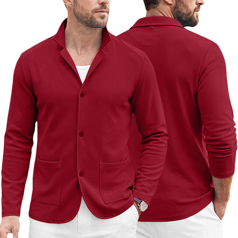 Men's Clothing Tops Jackets Coats Men's Waffle Pattern Single-Breasted Double Pocket Business Casual Long Sleeve Coat