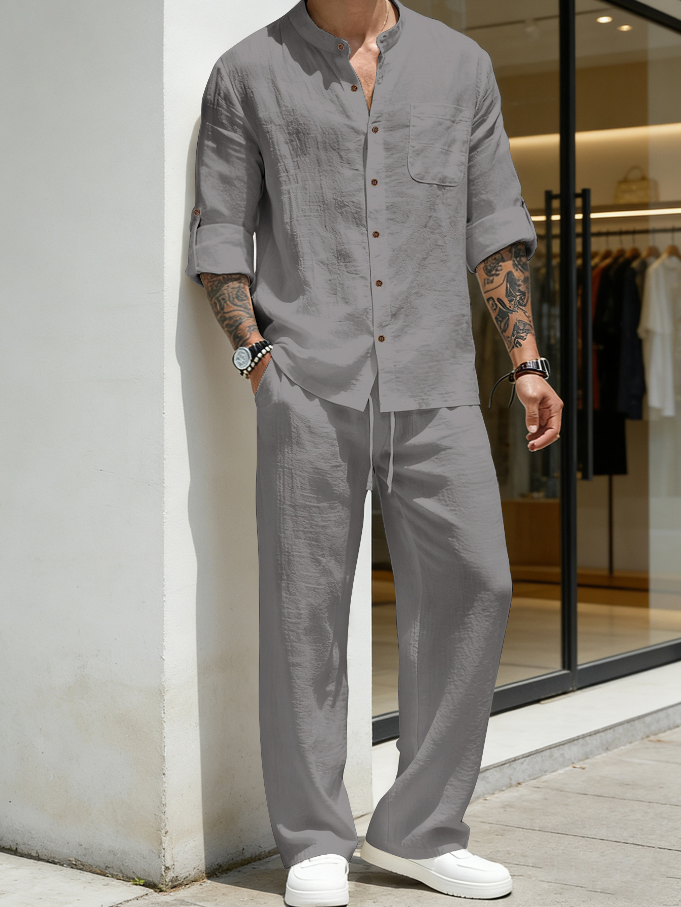 Men's Clothing Two-Piece Outfits Men's Solid Color Linen Long Sleeve Shirt Pants Two-Piece Set Loose Casual Breathable Summer Clothing Sets