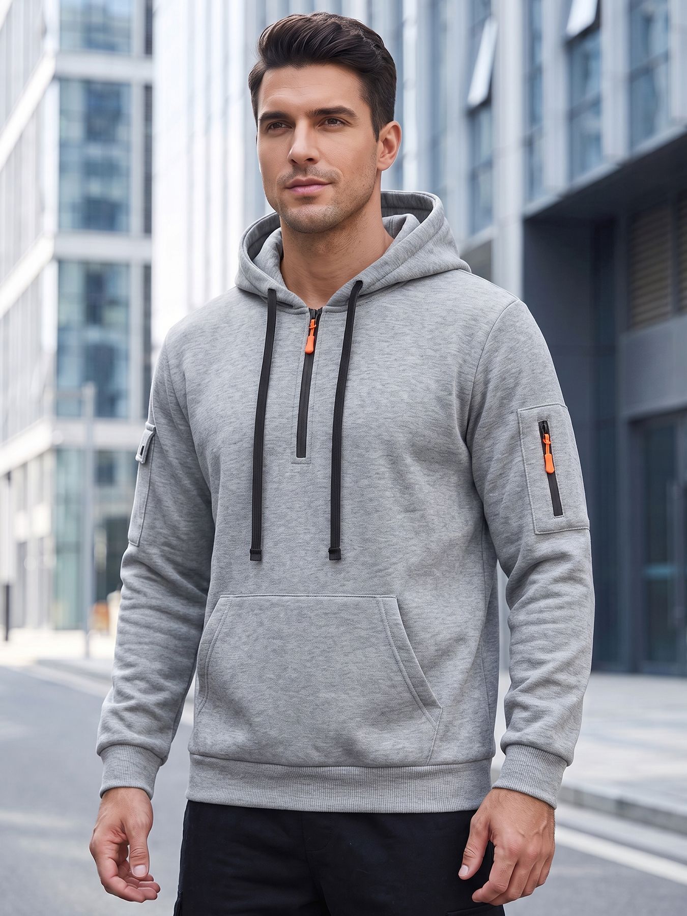 Men's Clothing Tops Sweatshirts Hoodies  Men's Autumn Winter Solid Color Drawstring Hooded Long Sleeve Sweatshirt with Side Zip Thickened Casual Sports Pullover